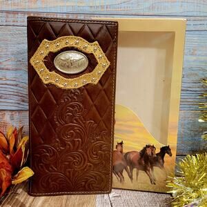 Longhorn Western Wallet Genuine Leather Cowhair Long Bifold Checkbook brown